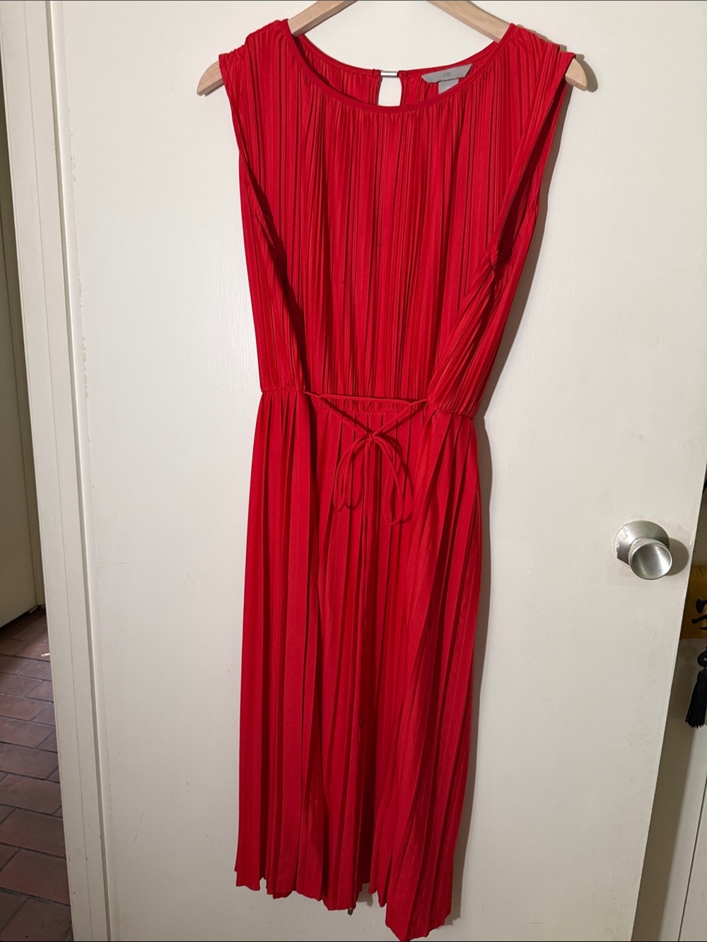 H&M Red Pleated Midi Dress with Self-Tie Waist